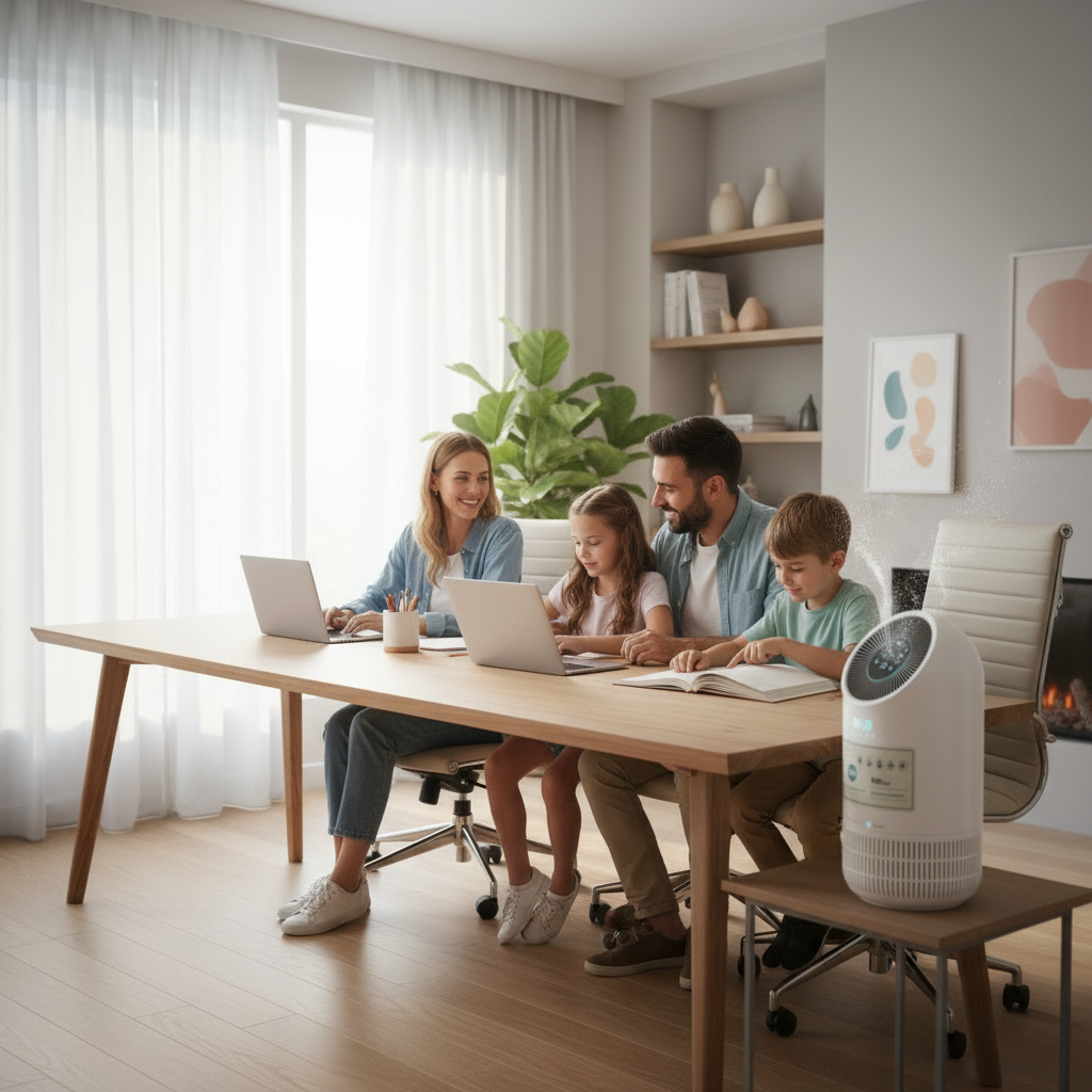Familie mit Luftreiniger im Home Office